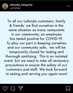 LaFonda post Employee Tests Positive for COVID-19
