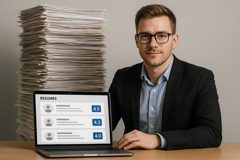 HR man sitting at computer with stack of resumes behind him and an AI resume checker on the screen