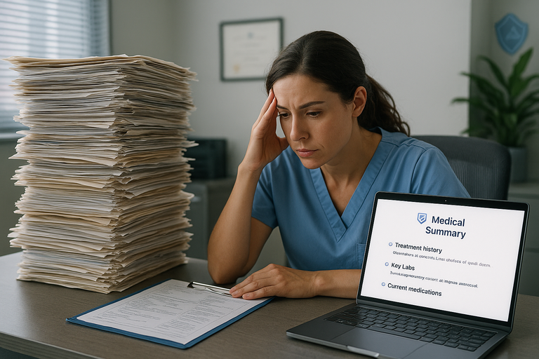 frustrated healthcare worker with stack of medical records