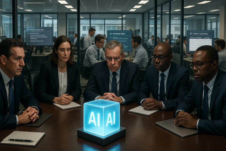 business leaders sitting around AI box