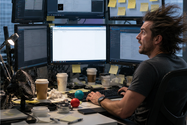 stressed employee with hair blown back